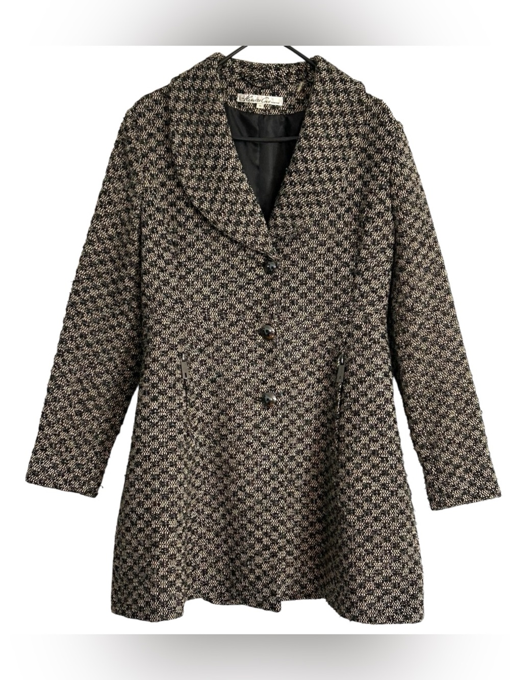 Kenneth Cole Womens Wool Blend Tweed Herringbone Overcoat Black Gray White Large